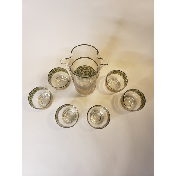 Vintage Culver Signed 24K Gold Green Toledo Cocktail Martini Pitcher & 6 Glasses - Picture 3 of 15